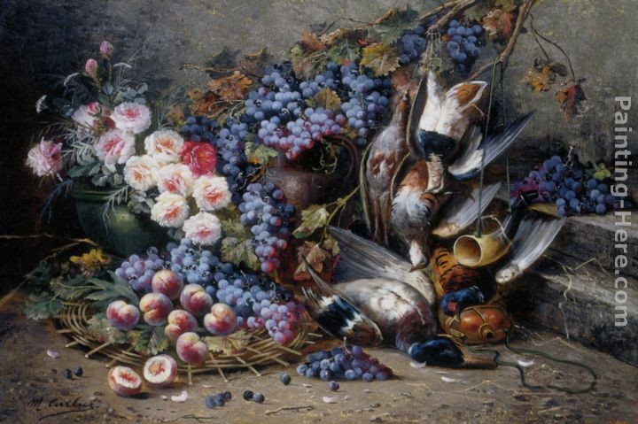 Modeste Carlier Roses Peaches Grapes and Game